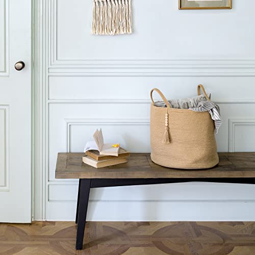 Mkono Woven Storage Basket Decorative Natural Rope Basket Wooden Bead Decoration for Blankets,Toys,Clothes,Shoes,Plant Organizer Bin with Handles Living Room Home Decor, Jute, 16" W × 13.8"L Mkono