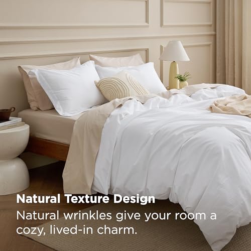 Bedsure 100% Washed Cotton Duvet Cover King - Bright White Minimalist Duvet Cover Linen Like for All Seasons - GentleSoft™ Plain Simple Cotton Bedding, 3 Pieces (Bright White, King, 104"x90") Bedsure