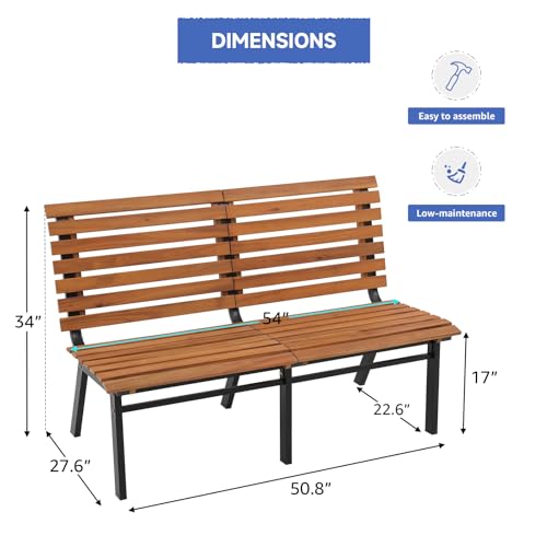 Soleil Jardin Outdoor Acacia Wood Garden Bench with Steel Legs, Patio Porch Chair Furniture, Slatted Design w/Backrest for Lawn, Balcony, Yard