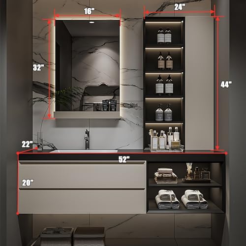 ZGNBSD Bathroom Vanity with Sink - Floating Bathroom Vanity with Drawer and LED Smart Mirror, Luxury Solid Wood Bathroom Vanity, Wall Mounted (52“) ZGNBSD