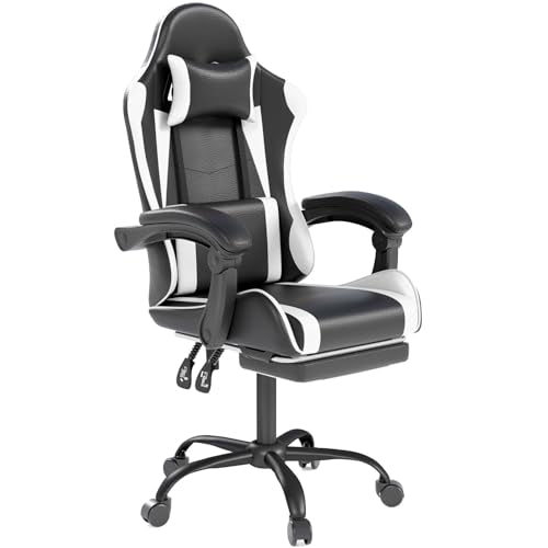 OS MOTOR Gaming Chair with Headrest and Lumbar Support, Ergonomic High Back Office Chair, Racing Style Executive Computer Desk Chair, Leather Adjustable Swivel Task Chair for Home Office (White) OS MOTOR