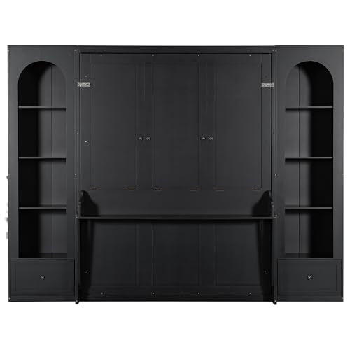 Merax Queen Size Murphy Platform Bed with Shelf, Side Cabinets, Drawers and LED, Black Merax