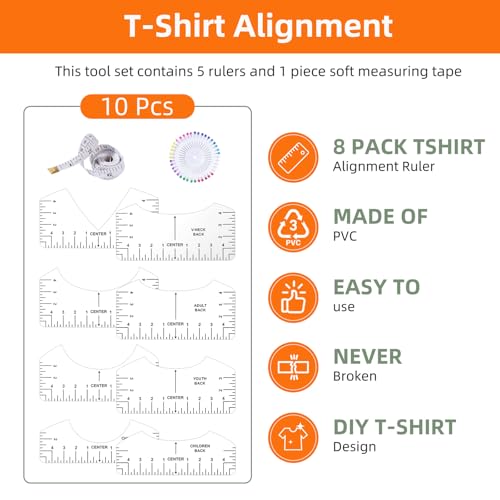 10 PCS T-Shirt Ruler Guide - Tshirt Measurement Tools for Children Youth Adult, V-Neck/Round PVC Rule Rulers Designs Heat Press Accessories for Vinyl Alignment, Heat Press MFJUNS