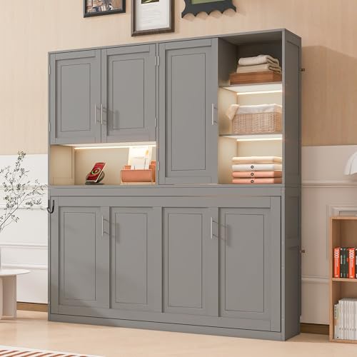 SOFTSEA Twin Size Horizontal Murphy Bed with Bookcase, LED Light and USB Charging Station, Space-Saving Hideaway Wall Bed Frame, Grey SOFTSEA