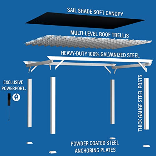 Backyard Discovery 16x12 ft Hawthorne White Galvanized Steel Pergola w/Soft Sail Shade, Spacious, Rust Resistant, UV Protection, Resist Winds Up to 100 MPH, Durable, Powerport USB & Electrical Outlet Backyard Discovery