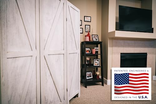 Premium Home 4-Panel Room Divider – Rustic White Barn Door, K Pattern Folding Privacy Screen, Partition Wall Premium Home Decor