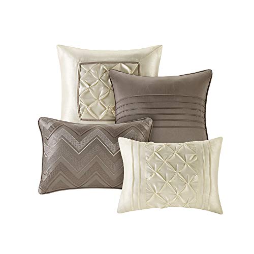 Madison Park Essentials Room in a Bag Faux Silk Comforter Set - Luxe Diamond Tufting All Season Bedding, Matching Curtains, Decorative Pillows, Taupe Queen(90"x90") 24 Piece Madison Park