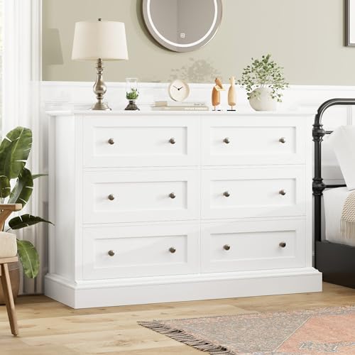 FACBOTALL Modern 6 Drawer Double Dresser, White Dresser Wood Dresser, Wide Chest of Drawers with Deep Drawers & Mental Double Handles Nursery Dresser for Living Room, Hallway FACBOTALL