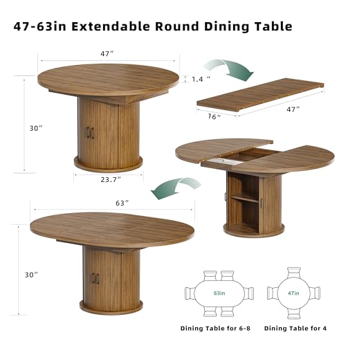 CABZOON 47-63in Extendable Round Dining Table for 4-8 Modern Round Kitchen Table Circle Dining Table with 2-Tier Storage Shelf, Space Saving Expandable Wood Oval for Living Room Walnut CABZOON