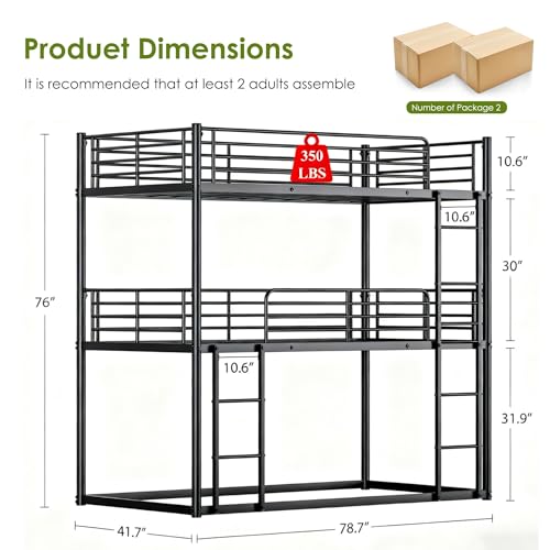 NKISHECK Triple Bunk Beds, 3 Bunk Bed Twin Over Twin Over Twin with 2 Ladders, Metal Frame with Guardrails,Heavy Duty Triple Bed Frame for Teenagers/Adults Bedroom, No Box Spring Needed NKISHECK