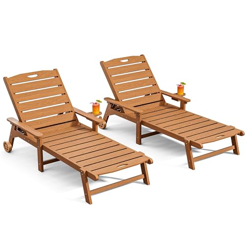 LegacyAmerhome Outdoor Lounge Chair Set of 2 with 5-Position Adjustable, Outside Lounge Chair with Cup Holder, Wheels for Easy Mobility, HDPE Tanning Chair for Poolside, Patio, Brown