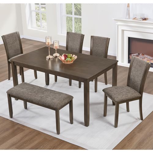 RuiSiSi 6-Piece Dining Table Set for 6, Farmhouse Wood Kitchen Table Set with Chairs and Bench, Rustic Dining Room Kitchen Table Set for 6 People, Dark Walnut RuiSiSi