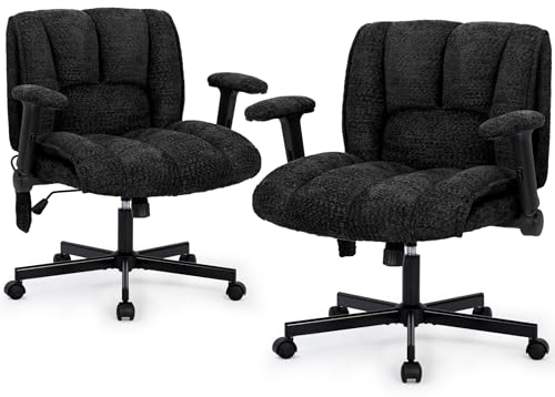 Criss Cross Legged Office Chair with Flip-Up Arms and Wheels, Wide Seat Desk Chair with Built-In Dynamic Airbag Lumbar Support, Modern Cross-Leg Chair for Home Office, Apartment, Vanity, Black Kassipo