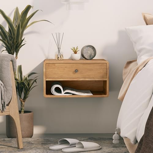 COZAYH Farmhouse Rubber Wood Floating Nightstand with Drawer and Open Shelf, Transitional Wall Mounted Side Table with Open Slot for Bedroom, Fully Assembled (Natural) COZAYH