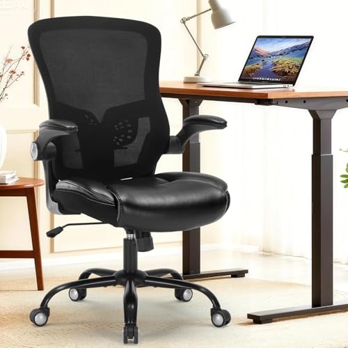 Ergonomic Office Chair, PU Leather Ergonomic Desk Chair with Mesh Back Adjustable Lumbar Support Home Gmaing Desk Chair with Wheels and Flip-Up Armrests, 360°Swivel, Tilt Lock and Wide Cushion-400LBS ZLHECTO