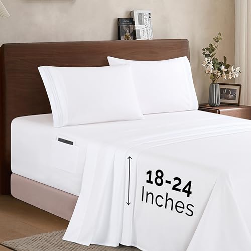 Elegant Comfort Luxury 1500 Premium Hotel Quality Microfiber 4-Piece Sheet Set - Soft, All Around Elastic 18-24 Inches Deep Fitted Sheet - Extra Deep Pocket Sheets, King, White Elegant Comfort