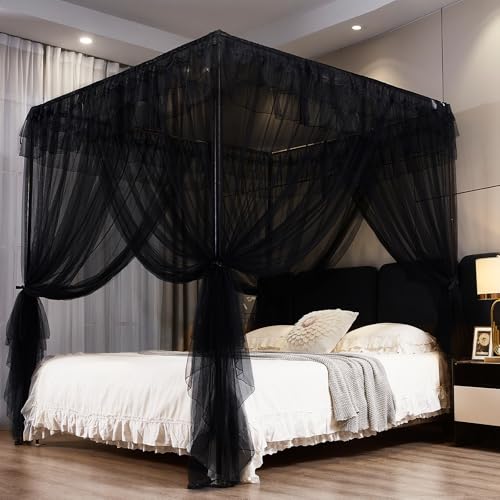 Kertnic Black Canopy Bed Curtains for Girls & Adults, Queen King Bed Canopy Drapes Netting, Practical Mosquito Net for Bed (King- 86" W*78" L*82" H)