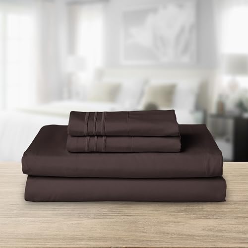 Elegant Comfort Luxurious 1500 Premium Hotel Quality Microfiber Three Line Embroidered Softest 4-Piece Bed Sheet Set, Wrinkle and Fade Resistant, King, Chocolate Brown Elegant Comfort