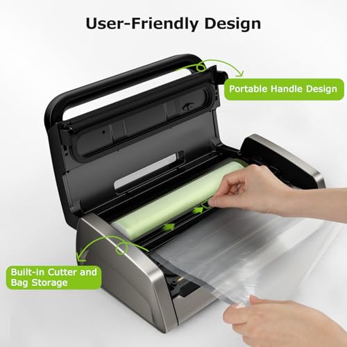 Bonsenkitchen Vacuum Sealer Machine, Powerful Low-Noise Food Vacuum Sealer for High-Speed Continuous Working, Handle Locked Design, Built-in Cutter, 2 Bag Rolls + 100 PCS Vacuum Bags Bonsenkitchen