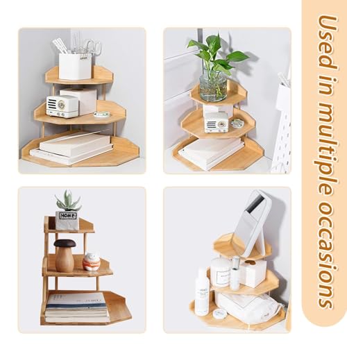 HYNAWIN Bamboo Corner Desk Organizer Shelf, 3-Tier Triangle Storage Rack for Office & Home, Space-Saving Desktop Shelf for Books, Stationery, Makeup, Small Items HYNAWIN