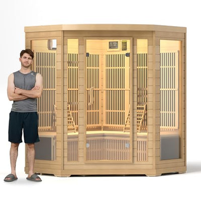 springspa Infrared Sauna 4 Person, Low EMF Far Infrared Sauna for Home, Indoor Corner Sauna, Hemlock Wooden Dry Sauna Room with Bluetooth Speaker, 7 Color Chromotherapy Lights