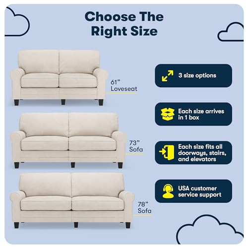 Serta Copenhagen 78" Rolled Arm Sofa, Easy Care Polyester, Soft Pillow Back, Pocket Coil Seat Cushions, Removable Covers, Loveseat or Couch for Small Spaces, Living Rooms or Bedrooms, Cream White Serta