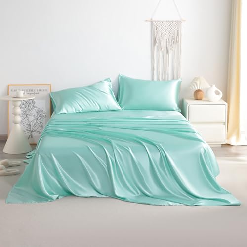 NTBAY Silk Satin Twin Sheet Set, 3-Piece Luxury and Soft Bedding Set Cooling Silky Sheets for Hair and Skin, Includes 1 Pillowcase, 1 Flat Sheet, 1 Fitted Sheet with Deep Pocket, Turquoise Blue NTBAY