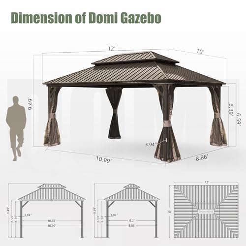 Domi Hardtop Gazebos 10x12FT, Aluminum Metal Gazebo with Galvanized Steel Double Roof Canopy, Curtain and Netting, Permanent Gazebo Pavilion for Patio, Backyard, Deck and Lawn, Brown domi outdoor living