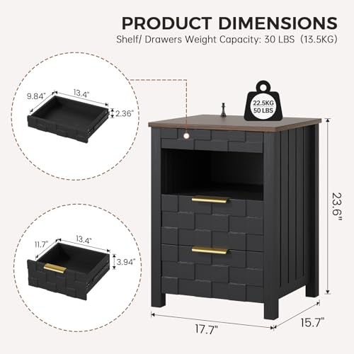 Dystler Nightstand with Gun Drawer - Bedside Table with Charging Station and 2 Drawers, Smart Side Table with 3-Color Human Sensor LED Lights for Bedroom, Black Dystler