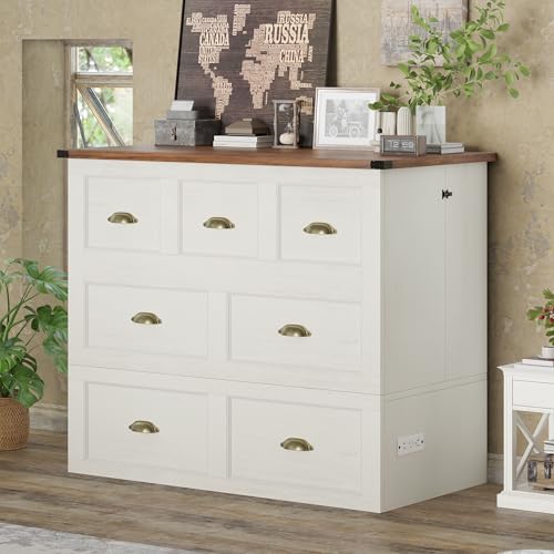 AMERLIFE Twin Size Murphy Bed, Farmhouse Wooden Cabinet with Charging Station and Storage Drawer for Bedroom/Office/Guest Room, White+Barnwood AMERLIFE