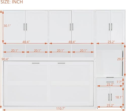 Virubi Twin Horizontal Murphy Bed with Desk and Wardrobe Closet,Wood Twin Folding Murphy Wall Bed with Storage Shelves Cabinets and Drawers for Adult (White) Virubi