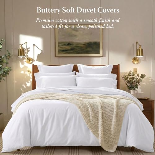 Threadmill White Duvet Cover Queen Size Bedding Set, Breathable Comforter Cover, Soft 3-Pc Cotton Queen Duvet Cover Set with 2 Pillow Shams, Strong Button Closure & Corner Ties, Fits Full Duvet Threadmill