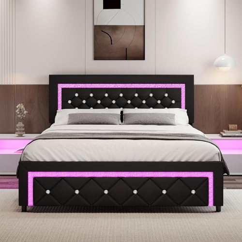 BarnFurin Full Bed Frame with LED Lights, Upholstered Platform Bed with Diamond Tufted Headboard, No Box Spring Needed, Noise Free, Easy Assembly, Black BarnFurin