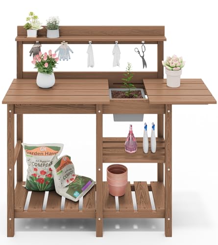 SERWALL Potting Bench Outdoor Potting Table with Sink, HDPE Potting Benches for Outside Gardening Table All Weather Use- Brown SERWALL