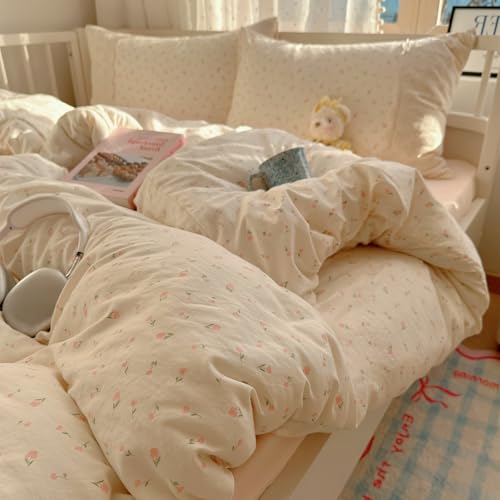 VM VOUGEMARKET Lace Duvet Cover Set Full Girls Pink Flower Bedding Set Soft Lightweight Washed Microfiber Romantic Princess Duvet Cover with Zipper Ties-80"x90" VM VOUGEMARKET