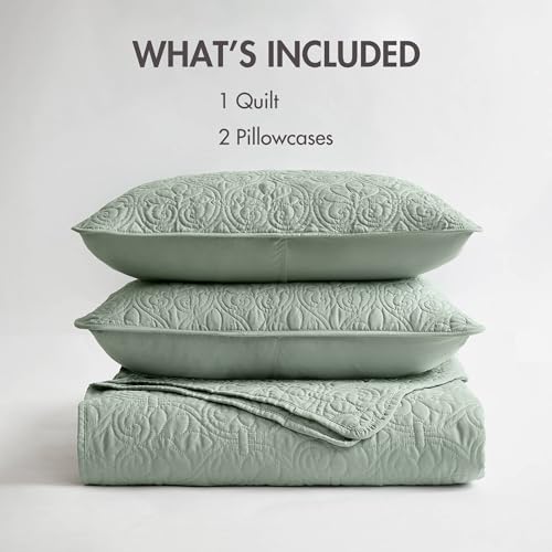 Madison Park Quebec Quilt Set - Luxurious Damask Stitching Design, Cotton Filled Lightweight Coverlet Bedspread Bedding, Shams, Full/Queen(90"x90"), Seafoam 3 Piece Madison Park