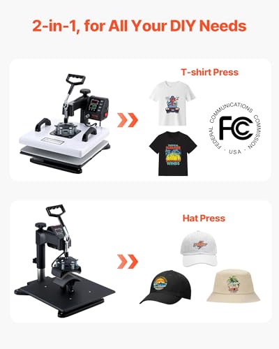 VEVOR Heat Press Machine, 15 x 15 in, 2-in-1 Multifunction, 360° Swing Away, 1200W Double Tube Fast and Even Heating, Digital Precise Control, Sublimation Press Machine for T-Shirts, Hats, Caps VEVOR
