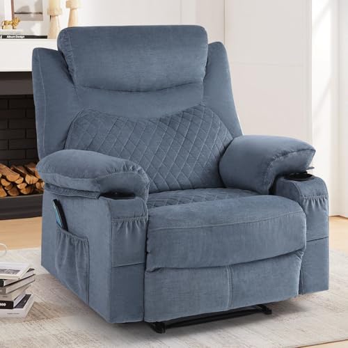 Overstuffed Massage Recliner Chair with Heat, Fabric Wide Seat Reclining Chair with Cup Holder for Adult, Heated Massaging Manual Recliner Chairs, Navy Blue