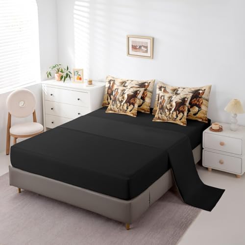 Erosebridal Horse 7 Piece Comforter King Size for Kids Boys Western Cowboy Horse Sheet Set Bed in A Bag 3D Printed Wildlife Wild West Country Rustic Cabin Desert Bed Set Erosebridal