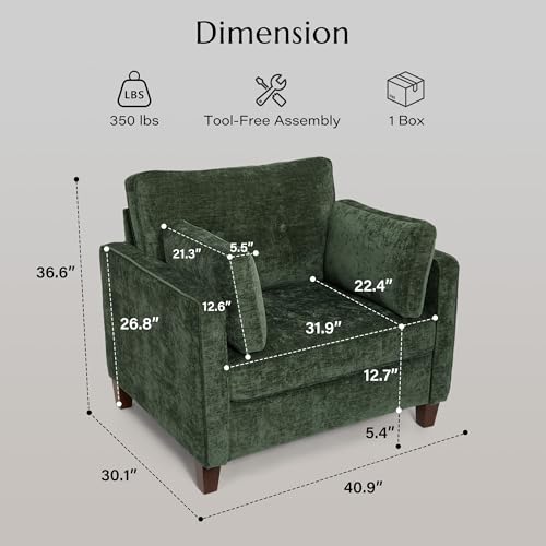 Landassy Home Luxury Oversized Accent Chair, 40.9" Upholstered Comfy Piping Single Armchairs with Comfy Tufted Backrest, Wood Legs, 2 Pillows for Living Room, Bedroom, Chenille, Green