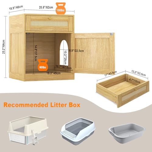 COSLIANA Cat Litter Box Enclosure, Hidden Cat Litter Box Furniture Indoor Wood Cat House Rattan End Table with Drawer, Oak COSLIANA