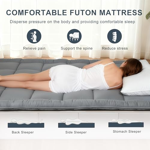 ALPSWAN Japanese Floor Mattress Futon, Thick 5-Layer Roll Up Foldable Mattress, Comfortable Foam Tatami Mat Sleeping Pad (Gray, Full) ALPSWAN