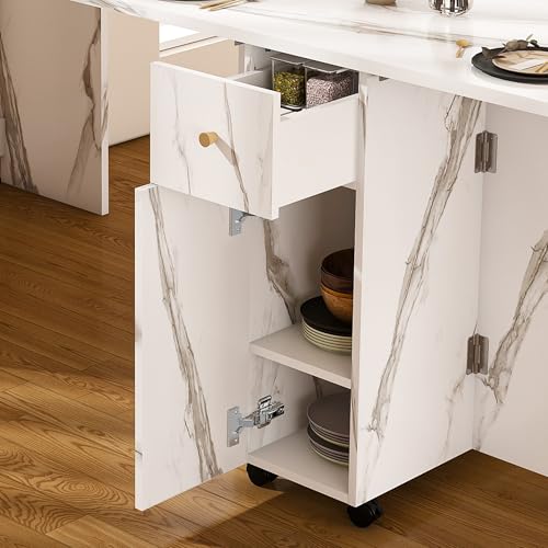 Montary Multifunctional Folding Dining Table with Wall-Mounted Sideboard & Storage for Small Apartments, Movable Kitchen End Table Extendable Dining Table Set for 2-6 People, White Montary