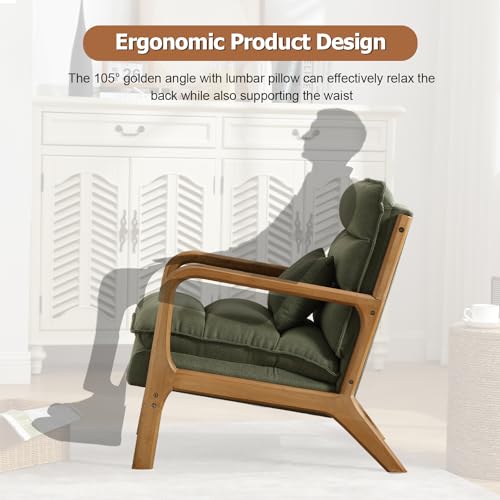 INZOY Mid Century Modern Accent Chair with Wood Frame, Upholstered Reading Armchair with Waist Cushion, Double Padded Accent Chair, Side Chair for Living Room Bedroom Office, Easy Assembly, Green INZOY