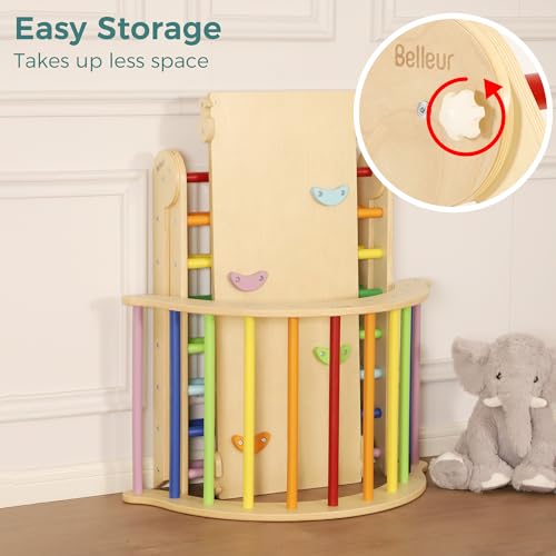 Belleur 7 in 1 Wood Pikler Triangle Set, Foldable Toddler Climbing Toys Indoor, Montessori Climbing Set with Ramp, Arch & Climbing Triangle, Baby Climbing Gym, Indoor Playground for Kids 1-6 - Rainbow Belleur