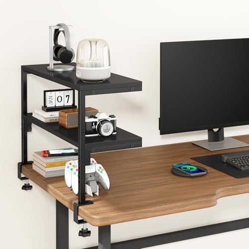 IBUYKE Clamp on Desk Shelf, 22.8” Large Desk Extender Shelves,Tool-Free Flexible Repositioning and Adjustable 2-Tier Storage Shelves for Desktop Accessories Below Desk TMZ010B IBUYKE