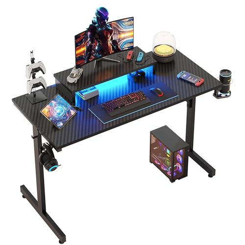 Bestier Small Gaming Desk with Monitor Stand, 42 inch LED Computer Desk, Gamer Desk with Cup Holder & Headset Hooks, Modern Simple Style Desk for Home Office PS5 Small Spaces, Carbon Fiber Black Bestier