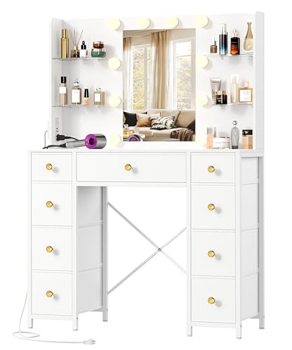 Akxomel Vanity Desk with Mirror and Lights, White Makeup Vanity Table with with Power Outlet, 13.8" D x 37.4" W x 55.1" H, Storage Drawers, Compact Modern Vanity Desk for Bedroom, for Girls, Women Akxomel