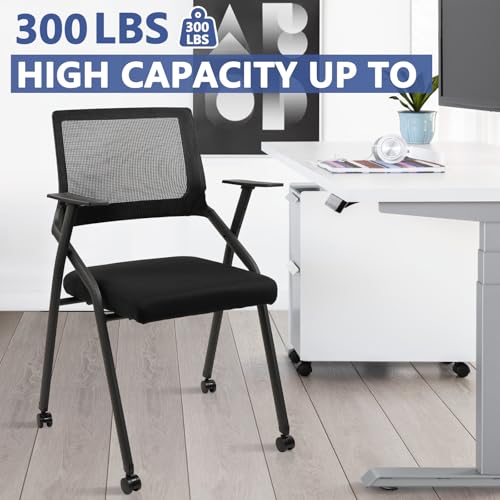CLATINA Stackable Foldable Conference Room Chairs with Wheels, Portable Padded Office Desk Chair with Lumbar Support and Armrest for Training Room, Guest, Reception, Event, Black (8pk) CLATINA