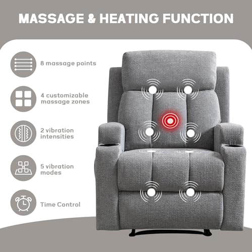 CANMOV Manual Recliner Chair with Massage & Heat,Soft Fabric Recliner Chair with Overstuffed Armrest & Backrest, Manual Reclining Single Sofa with 2 Cup Holders, Side Pocket for Living Room,Light Grey